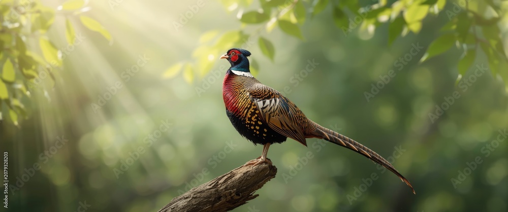 Naklejka premium Colorful pheasant perched on a branch in a forest