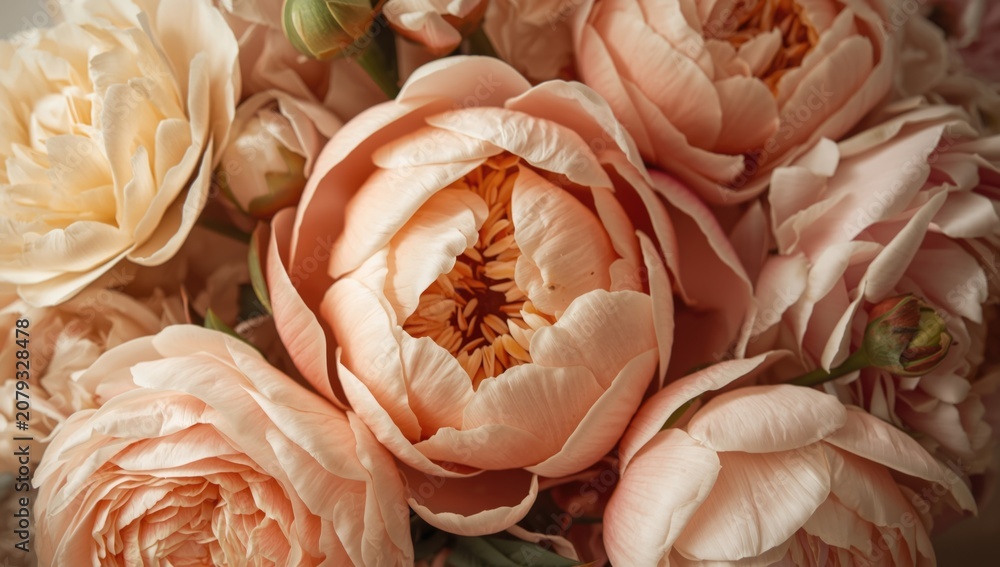 Fototapeta premium Subtle peach peony floral composition suited for greeting card enhancements