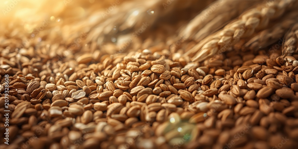 Obraz premium Grains scattered on a wooden surface with wheat stalks