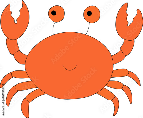 Orange crab with raised claws, smiling face, rounded shell, eyestalks, segmented legs, and bold flat outlines in playful marine character design for beach, seaside, summer, and children use