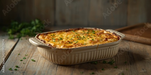 Baked casserole with golden...