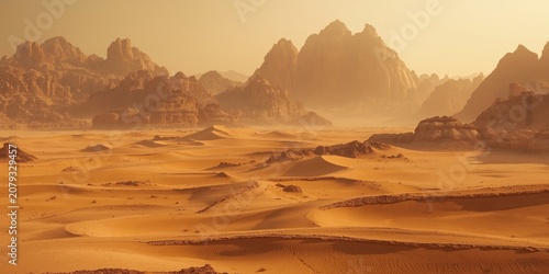 Desert landscape with rocky mountains and sand dunes