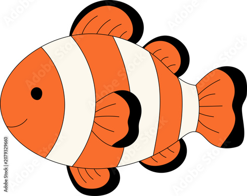 Friendly orange clownfish closeup with bold black outline and cream stripes