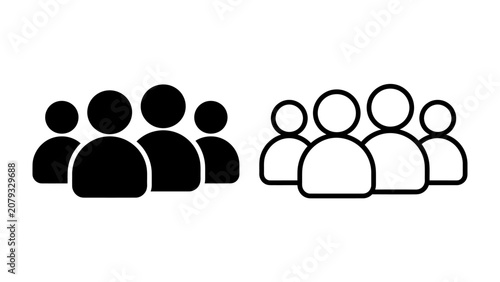 Konstfotografi Group of People Icons: Simple graphic icons representing a group of people, in both solid black and outline white styles, symbolizing community or a team