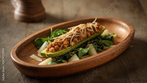 Zucchini stuffed with seaso...
