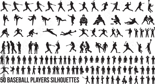Vászonkép Dynamic baseball player silhouettes in action during a game on white background