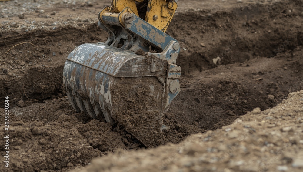 Fototapeta premium Excavator bucket digging into dirt on a construction site