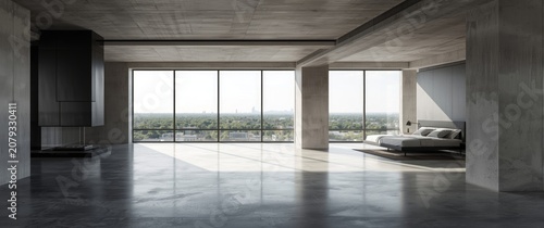 Minimalist loft design with smooth concrete finishes and panoramic window