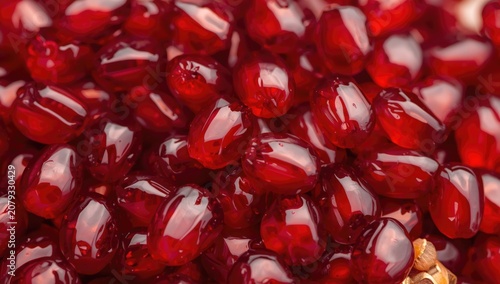 Red glass beads piled toget...