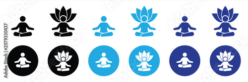Yoga Meditation and Lotus Pose Icon Set Collection. Featuring Mindfulness, Zen, Wellness, Relaxation, Spiritual Balance and Meditation Symbols in Flat Duotone Vector Style