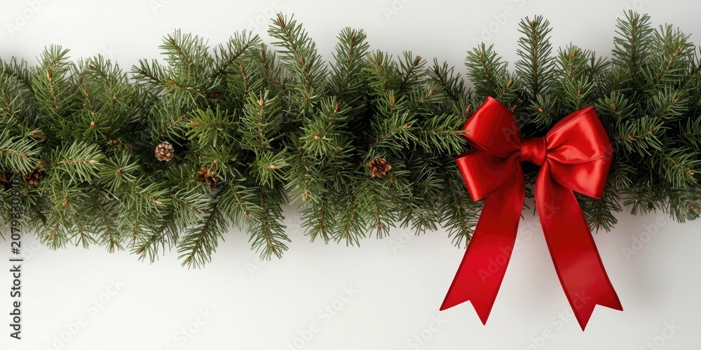 Fototapeta premium Holiday pine garland featuring a red bow with a white background
