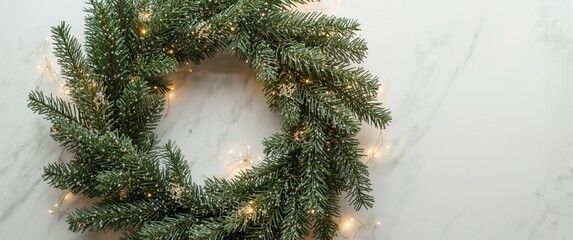Christmas wreath with fairy lights on a marble background
