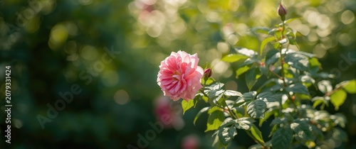 Pink rose blooming among gr...