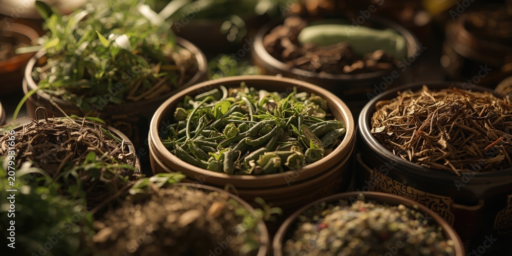 Fototapeta premium Rich variety of herbal plants in bowls demonstrating Chinese traditional medicine