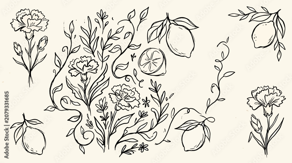 Fototapeta premium Grunge charcoal or chalk drawing of a spring summer flower collection with lemons