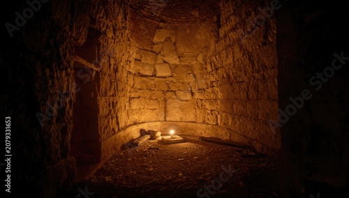 Dimly lit stone chamber wit...