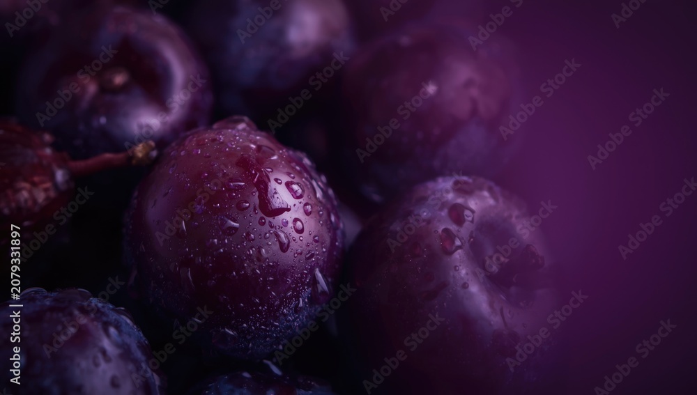 Fototapeta premium Fresh purple plums with water droplets on dark background