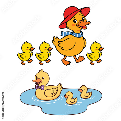 Cute Cartoon Mother Duck And Ducklings Family Vector Illustration With Mama Duck Walking In Hat And Swimming In Pond With Babies