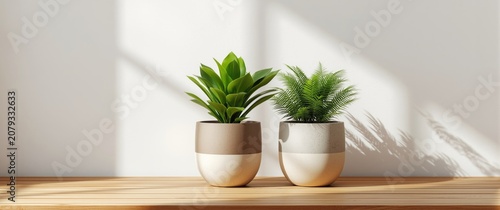 Potted green plants on a wo...