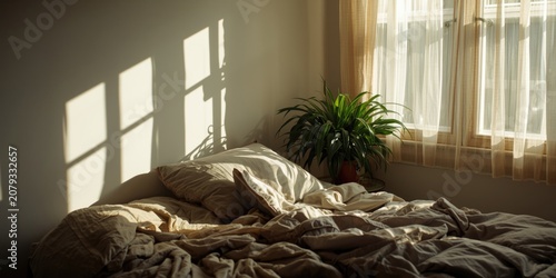Unmade bed with sunlight an...