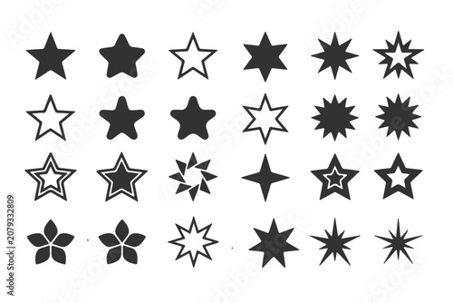Collection of minimalist geometric star icons in various shapes, outlines, and solid black styles isolated on a white background.