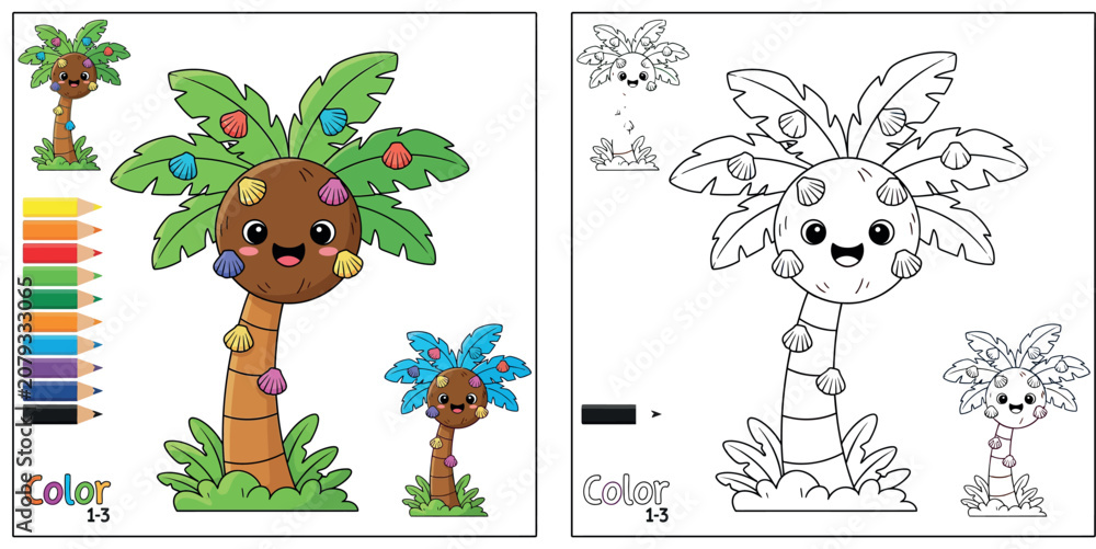 Fototapeta premium Cute Cartoon Palm Tree Decorated with Colorful Seashells and a Color Palette for Kids