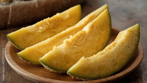 Slices of yellow melon on a...