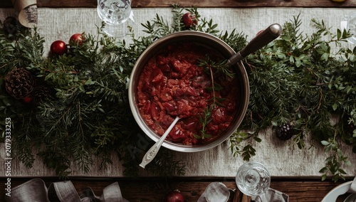 Red stew in a silver pot su...