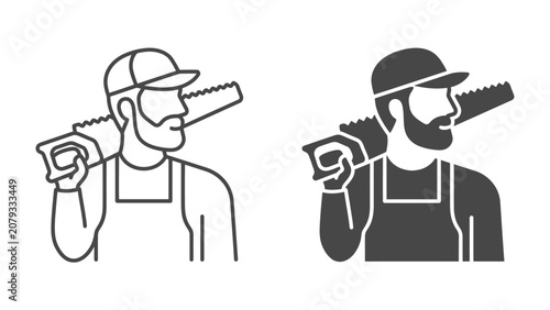 Foto Craftsman with Saw: A graphic illustration depicts a bearded craftsman wearing overalls and a cap, carrying a saw over his shoulder, symbolizing carpentry and manual labor