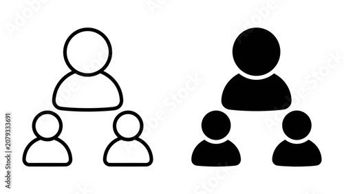 Foto Organizational Structure Icons: Simple and clear icons representing hierarchical organizational structure, with one person at the top and two below, in both outline and filled styles