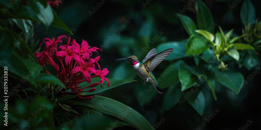 Fototapeta premium Hummingbird hovering near vibrant pink flowers in a lush garden