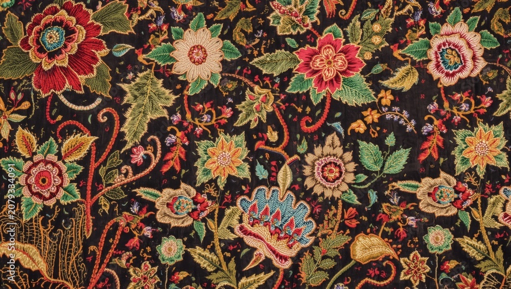 Fototapeta premium Mughal style ornamental embroidery highlighting rich colorful floral elements