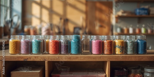 Colorful jars of craft bead...