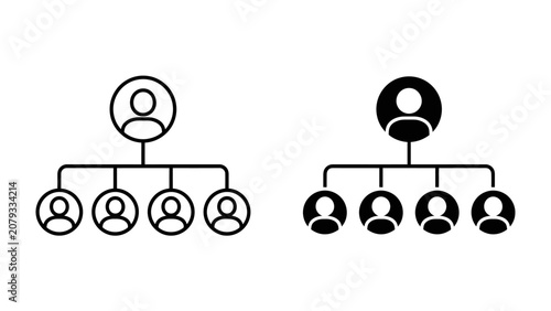 Fotografie Organizational Chart Icons: Two stylized icons representing an organizational structure, one in outline and the other solid black, showcasing a hierarchy with a leader and subordinates