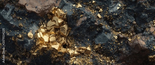 Gold nuggets on dark rocky ...