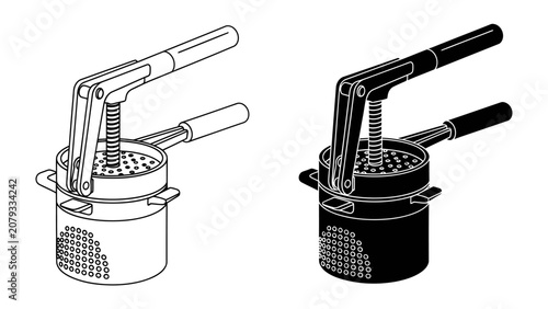 Bild auf Leinwand Potato Ricer Illustration: A clean, graphic illustration of a potato ricer, presented in both outline and solid black versions