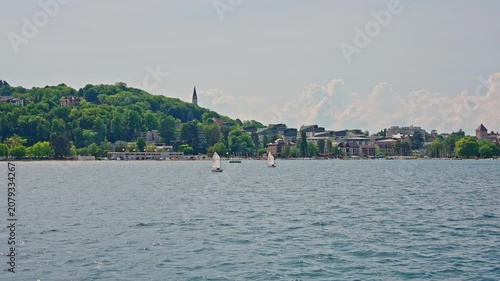Lake Annecy Shoreline and Forested Hills Panorama in the French Alps