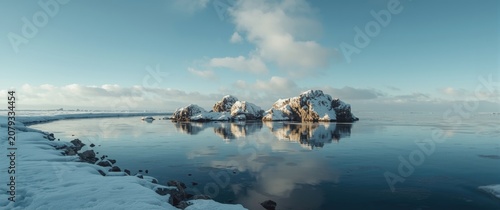 Snow-covered rocks reflecte...