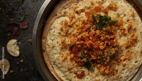 Flatbread topped with spicy...