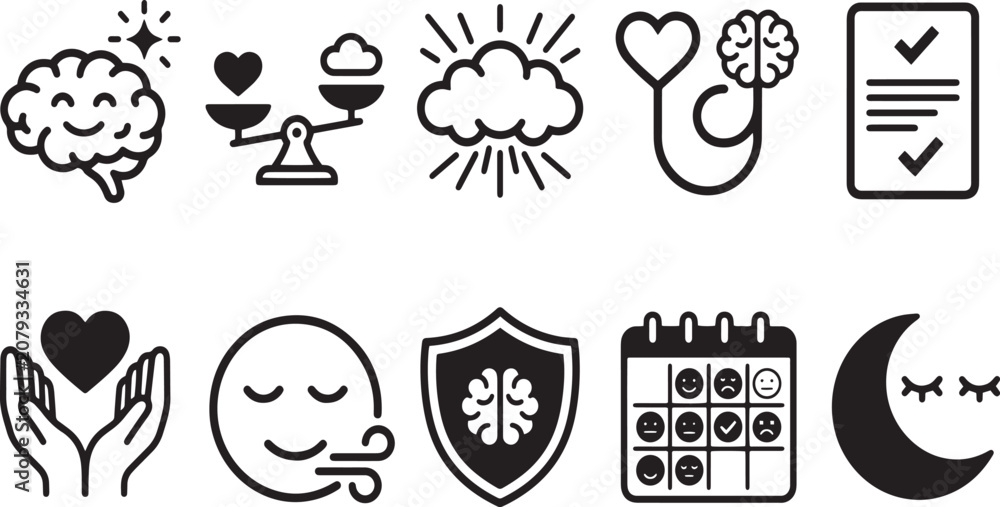 Obraz premium Psychology and mindfulness outline icon collection for self care