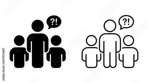 Foto Confusion and Uncertainty Icons: Silhouetted figures with speech bubbles containing question and exclamation marks, representing confusion, doubt, or seeking answers