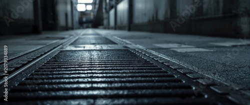 Steel drain grates in a dimly lit commercial alleyway