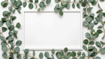Blank white frame surrounded by green eucalyptus leaves