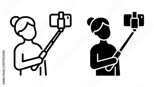 Foto Selfie Stick Icon Set: A collection of minimalist line art and silhouette icons depicting a person using a selfie stick and smartphone to capture a self-portrait