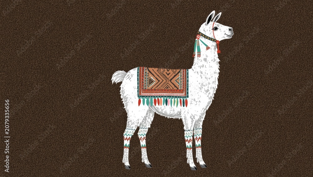 Naklejka premium Decorative llama with traditional patterns on its saddle