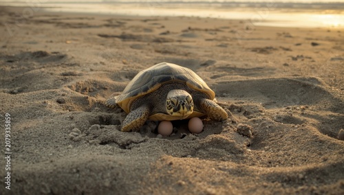 Green turtle digging and hi...