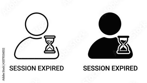 Photos Session Expired Icon: Two user icons, one outlined and one solid black, are depicted next to hourglass symbols, clearly indicating that a user session has expired