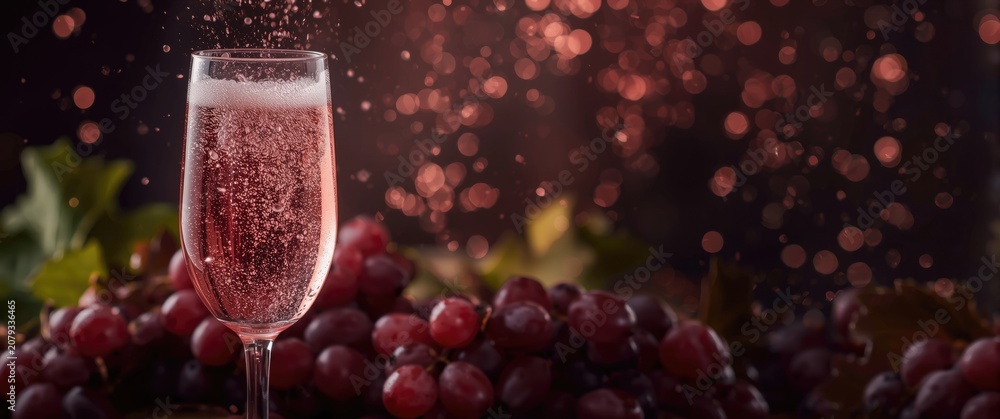 Fototapeta premium Sparkling rose wine in a glass with grapes on a table
