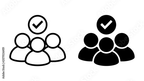 Konstfotografi Teamwork Approved: Two stylized icons depict a group of people with a checkmark symbol, signifying approval, validation, or a completed task within a team