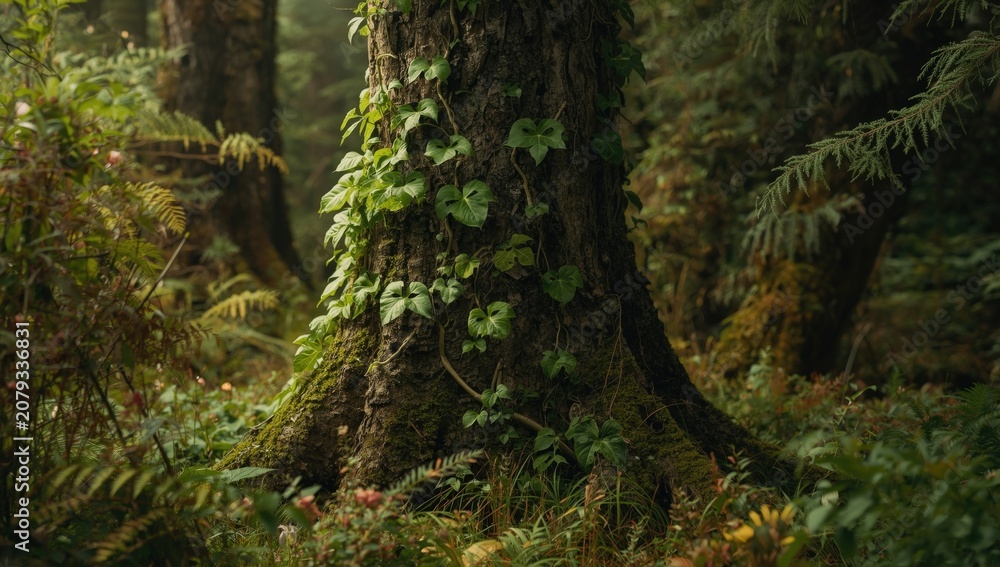 Obraz premium Vibrant green vines climbing a majestic tree trunk surrounded by thick forest foliage in a peaceful landscape